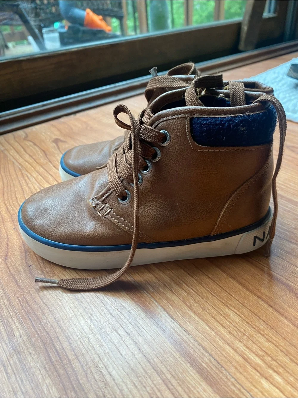 Nautica Boys Brown High-Top Sneakers with Blue Trim